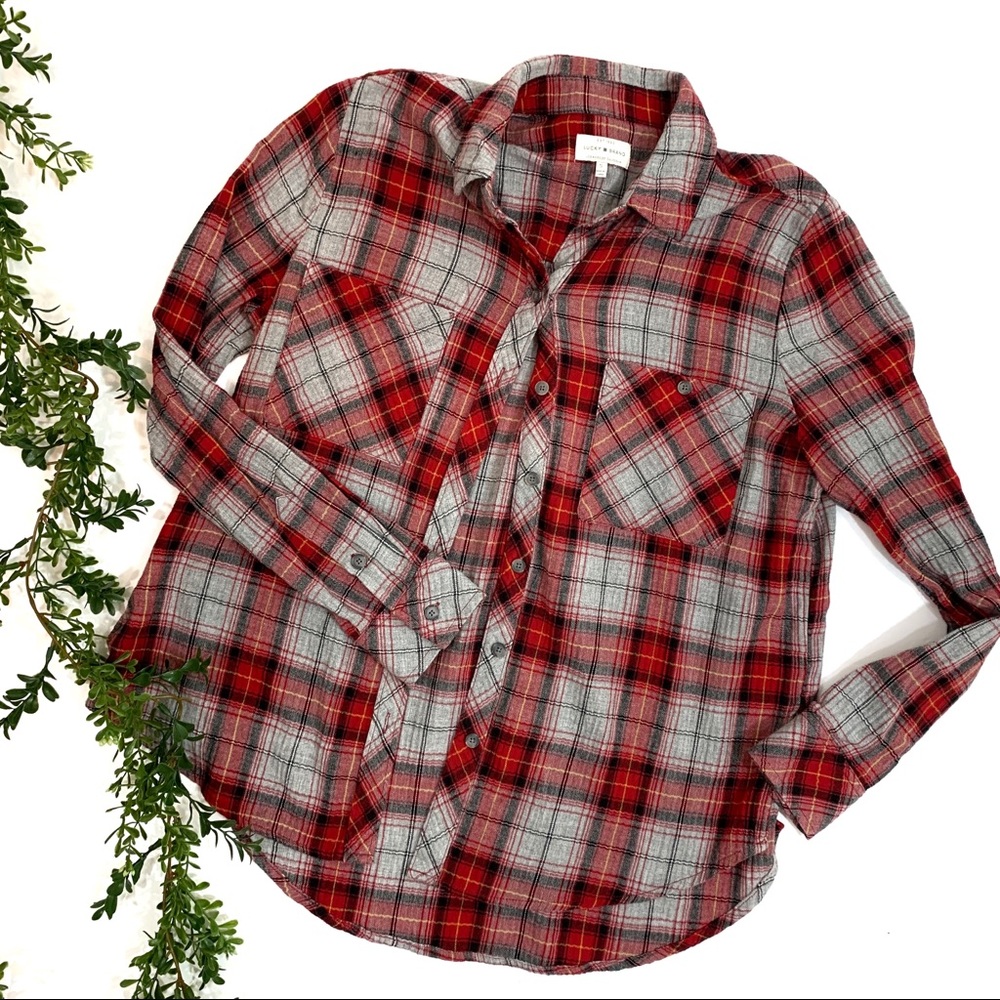 Lucky Gray and Red Plaid Flannel Button Down